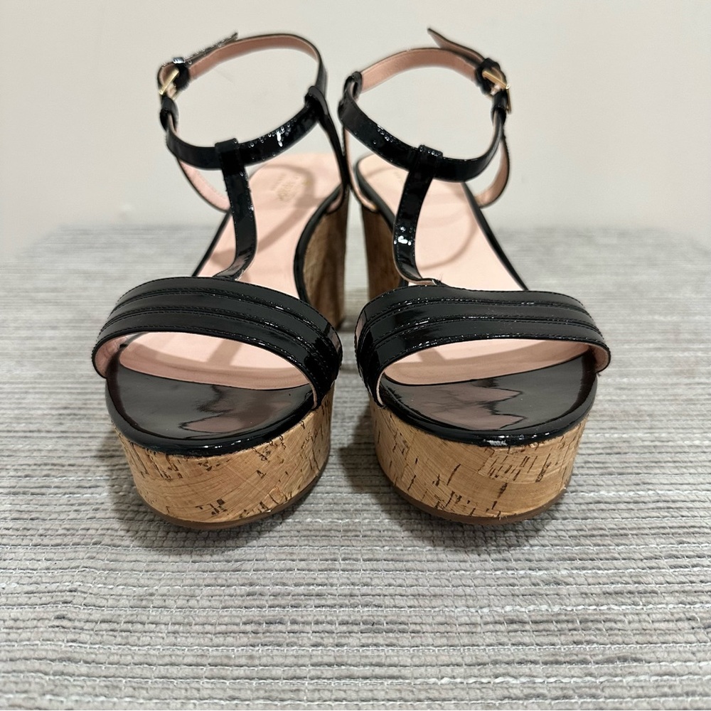 Kate Spade Tallin Black Patent Leather T-Strap Cork Platform Wedge Sandal 10,5 - Picture 3 of 10